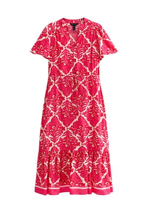 Roze jurk met een gedrukt bloemenpatroon op een crèmekleurige achtergrond, met korte mouwen, een geplooid taille en een uitlopende zoom.