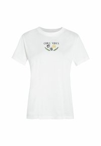 White cotton t-shirt with short sleeves. Front features "CHILL VIBES" text and floral graphics in black, yellow, and green. Simple design.