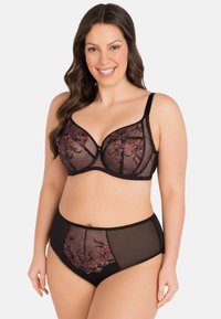 Black lingerie set featuring a sheer embroidered bralette with floral patterns and high-waisted matching panties with mesh side panels.