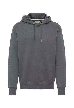 Sötét szürke kapucnis pulóver, puha tapintással, bordázott mandzsettával és alsó résszel, valamint zsinórokkal a nyaknál. Egyszerű dizájn, minta nélkül.