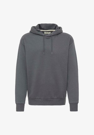 Sötét szürke kapucnis pulóver, puha tapintással, bordázott mandzsettával és alsó résszel, valamint zsinórokkal a nyaknál. Egyszerű dizájn, minta nélkül.