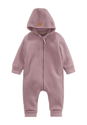 Combinaison pour bébé en polaire rose pastel à capuche avec fermeture éclair à l'avant et poignets côtelés aux manches et aux jambes.