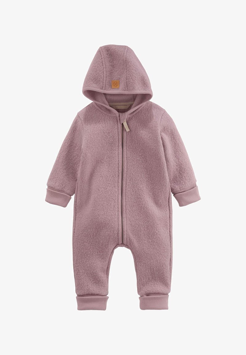 Weicher rosa Kapuzensweater für Babys mit einem Frontreißverschluss und Rippbündchen an Ärmeln und Beinen.