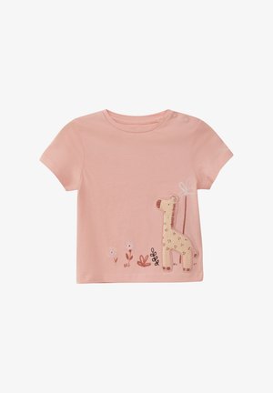 Roze T-shirt met korte mouwen van katoen. Voorzien van een geborduurde giraffe en bloemen in zachte kleuren. Twee drukknoopjes op de schouder.