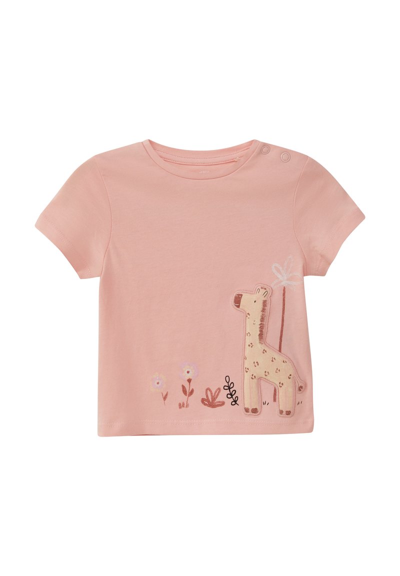 Roze T-shirt met korte mouwen van katoen. Voorzien van een geborduurde giraffe en bloemen in zachte kleuren. Twee drukknoopjes op de schouder.
