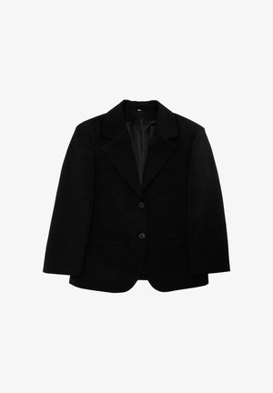 Black blazer made of textured fabric. Features a notched collar, two front buttons, and two side pockets. Tailored fit with long sleeves.