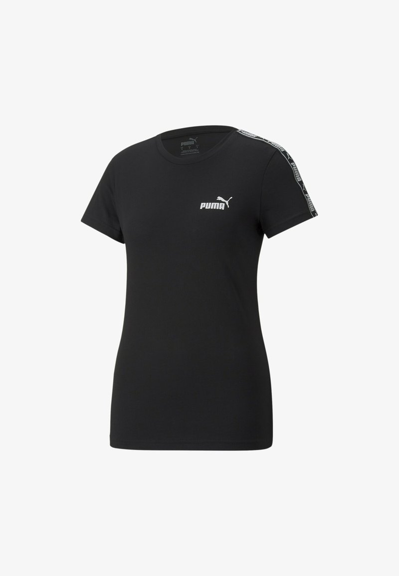 Black short-sleeve t-shirt made of cotton. Features a white Puma logo on the chest and a branded pattern along the shoulder seams.