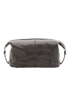 Trousse de toilette rectangulaire en cuir noir avec fermeture éclair et poignée latérale, vue de face sur fond blanc.