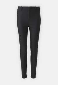 Svarta skräddarsydda byxor med slim fit, tillverkade av ett mjukt tyg. Har dragkedja, sidofickor och minimalistiska designdetaljer.