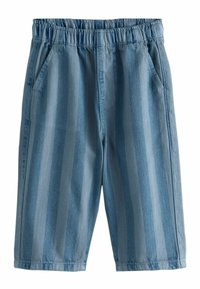 Hellblaue Denim-Shorts mit vertikalen Streifen, elastischem Bund und Seitentaschen. Glatte Textur mit klassischem Schnitt.