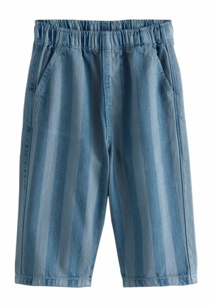 Light blue denim shorts featuring vertical stripes, elastic waistband, and side pockets. Smooth texture with a classic cut.