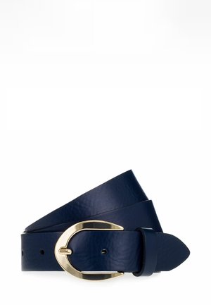 Dunkelblauer Leder-Gürtel mit glatter Textur, ausgestattet mit einer goldfarbigen Metall-Schnalle und einem verjüngten Ende, gestaltet für Langlebigkeit und Stil.