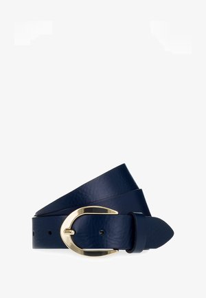 Dunkelblauer Leder-Gürtel mit glatter Textur, ausgestattet mit einer goldfarbigen Metall-Schnalle und einem verjüngten Ende, gestaltet für Langlebigkeit und Stil.