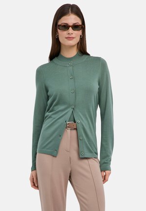 Femme portant un cardigan vert boutonné, un pantalon beige taille haute avec une ceinture marron, et des lunettes de soleil écaille de tortue, debout devant un fond blanc.