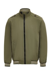 Olijfgroene bomberjack met een frontale rits, zijzakken, ribgebreide manchetten en zoom, en met beige en zwarte strepen, plus schouderepauletten.