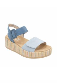 Sandalias de plataforma de ante azul con una suela de cuña texturizada y rayada. Cuenta con dos correas ajustables y una plantilla acolchada para mayor confort.