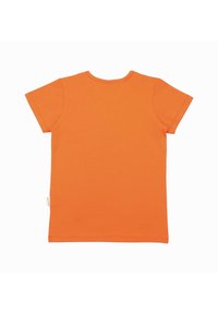 Orange cotton T-shirt with short sleeves and a round neckline. Smooth texture, no patterns or graphics, with a label on the side.