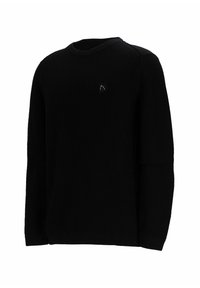 Maglione nero a maglia con un motivo testurizzato, collo rotondo e maniche lunghe. Presenta un piccolo logo discreto sul petto.