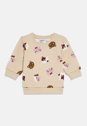 Sweatshirt bege de manga comprida com um padrão texturizado apresentando vários gatos em tons de rosa, castanho e branco. Decote redondo e punhos canelados.