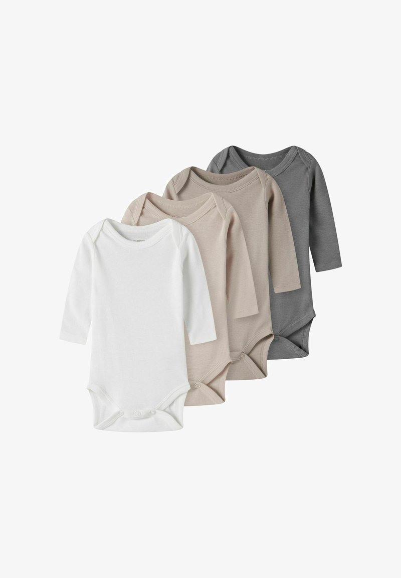 Neli pikakäpse kehaülikonda valges, beežis, heledas beežis ja hallis. Valmistatud pehmest ja venivast puuvillast, millel on all nööpaukudega sulgur.