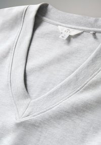 Lys grå V-hals t-shirt lavet af blødt stof, med ribbet halsudskæring og label synligt indeni, med en glat tekstur og enkelt design.