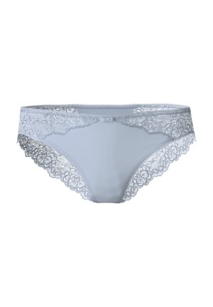 Lichtblauwe onderbroek met een bloemenkantafwerking langs de taille en benen, met een strikje aan de voorkant in het midden.