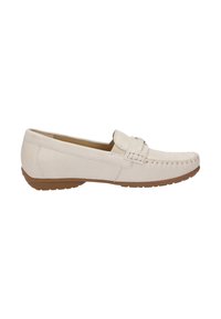 Beiger Lederloafer mit strukturiertem Finish, gestickten Details an der Zehenpartie und einer Gummisohle. Verfügt über einen geflochtenen Akzentriemen über der Vorderkappe.