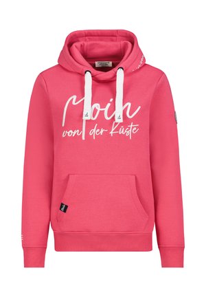 Pink hooded sweatshirt with white drawstrings, front pocket, and white script text reading "Moin von der Küste" on front.