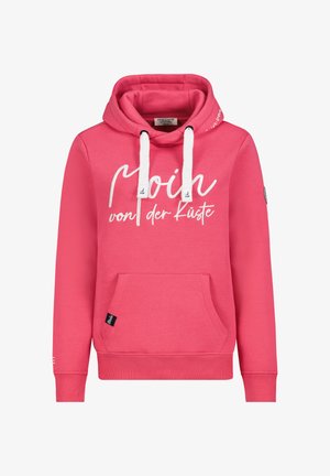 Pinkfarbener Kapuzenpullover mit weißen Kordeln, vorderer Tasche und weißem Schriftzug "Moin von der Küste" auf der Vorderseite.