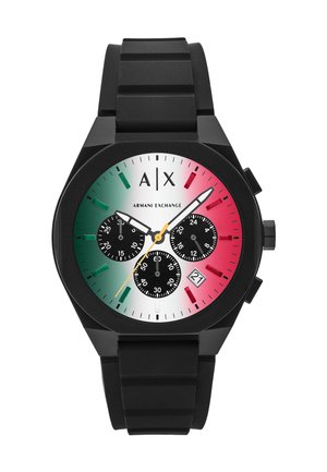 Schwarze Armani Exchange Armbanduhr mit Zifferblatt in den Farben der italienischen Flagge, drei schwarzen Hilfszifferblättern, weißem Datumsfenster und schwarzem Silikonband.