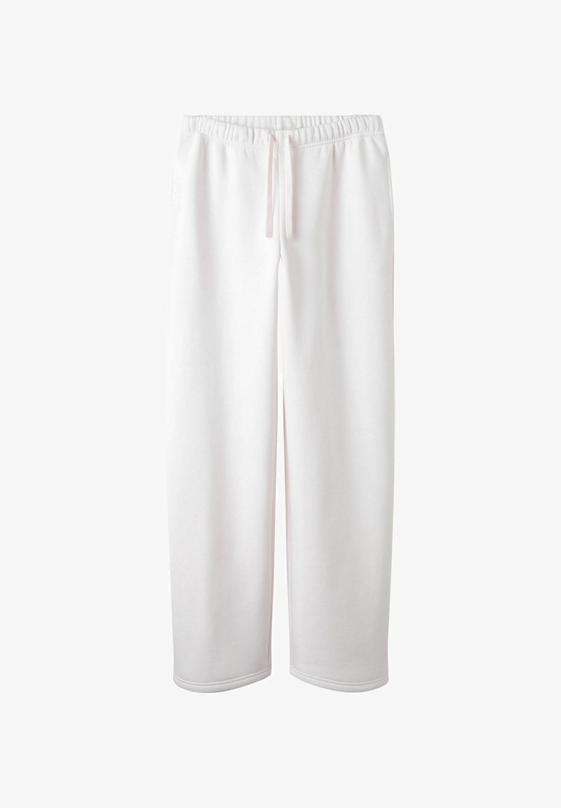 Pantalons de survêtement blancs avec une taille élastique, fermeture à cordon de réglage et coupe ample. Fabriqués en tissu doux avec une texture lisse.