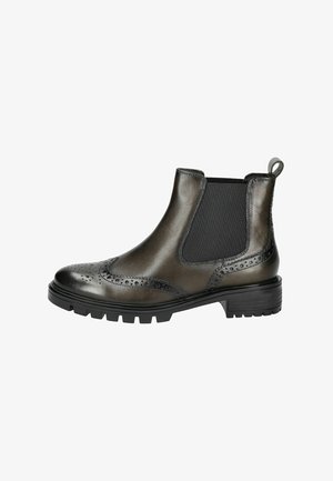 Braune Leder-Chelsea-Boots mit elastischen Seitenpaneelen, dekorativen Brogue-Details und einer robusten schwarzen Sohle. Mit einer Zuglasche hinten.