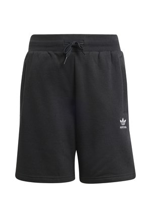 Czarne spodenki Adidas z elastycznym pasem i sznurkiem, kieszeniami po bokach oraz małym białym logo Adidas na lewej nogawce.