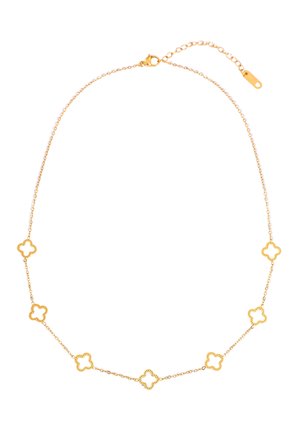 Zarte goldene Kette mit sieben kleinen Anhängern in Kleeblattform, gleichmäßig entlang der Kette verteilt, und einem Karabinerverschluss.