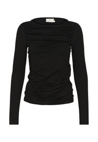Black long-sleeve shirt, made of soft fabric, features gathered texture at the front, with a rounded neckline and fitted shape.