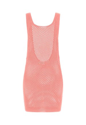 Sleeveless coral pink mesh dress with large open knit pattern and scoop neckline, fitted silhouette, knee-length.