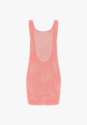 Sleeveless coral pink mesh dress with large open knit pattern and scoop neckline, fitted silhouette, knee-length.