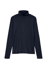 Marineblå turtleneck langærmet skjorte med en blød, glat tekstur og en afslappet pasform. Har en høj krave og et enkelt design.