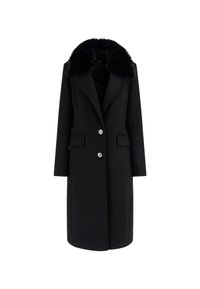 Černý vlněný kabát s velkým kožichovým límcem, dvěma předními kapsami a třemi stříbrnými knoflíky. Střih na míru, délka ke kolenům.