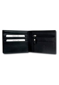 Black leather wallet with multiple card slots and a zippered coin pocket. Soft texture and embossed logo on the interior.