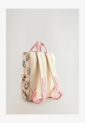 Rucsac bej cu bretele și mânere roz, decorat cu modele de personaje din desene animate. Textură netedă, cu buzunare laterale pentru depozitare suplimentară.