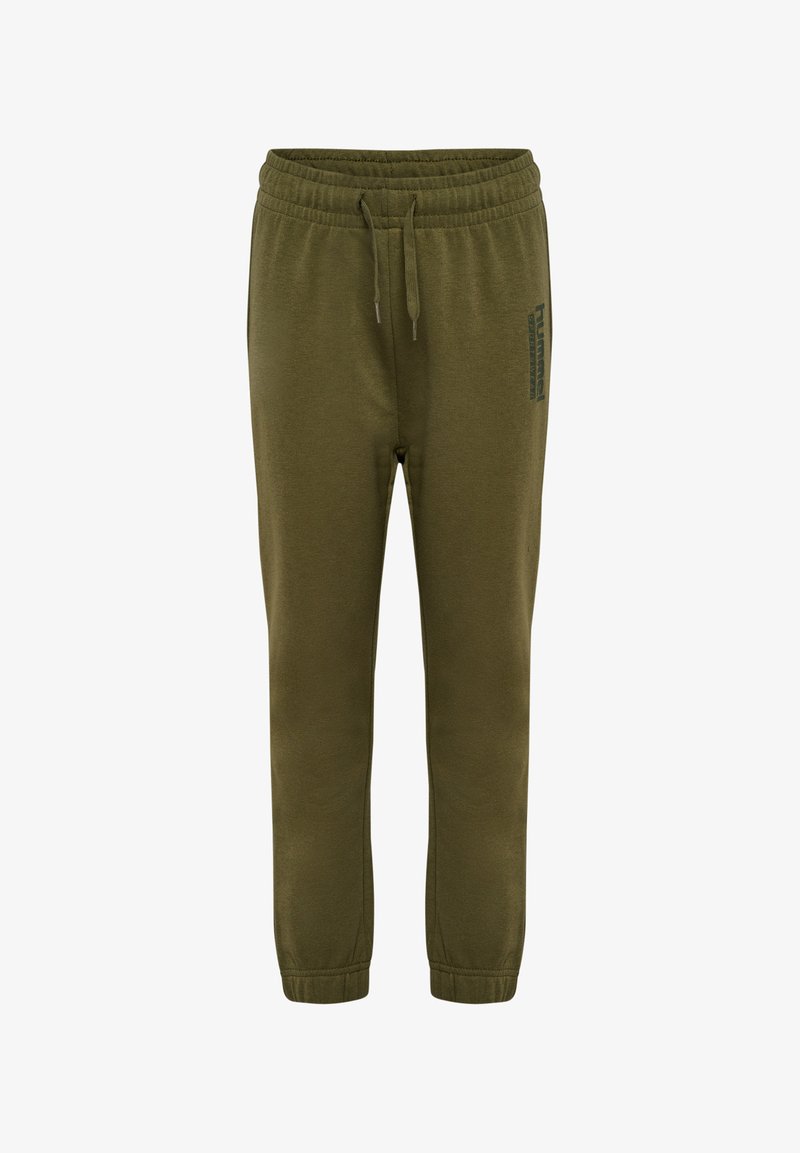 Olivengrønne sweatpants lavet af blødt stof, med en elastisk talje og snoretræk samt et trykt logo på siden.