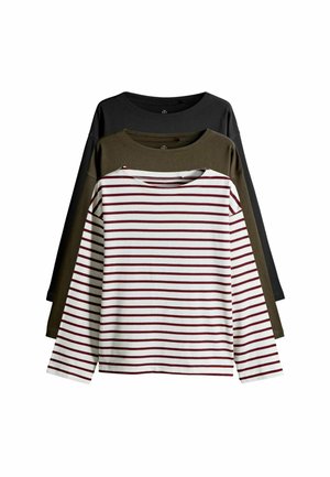 Three long-sleeve shirts stacked: one features red and white stripes, while the others are solid black and olive green in soft fabric.
