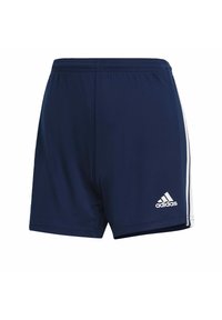 Laivastonsiniset urheilushortsit, joissa on valkoiset sivuraidat, kevyt kangas, joustava vyötärönauha ja Adidas-logo valkoisena helmassa.