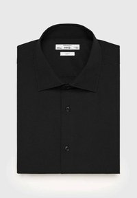 Black slim-fit shirt with a button-up front, collar, and smooth texture. Tags visible inside the collar. Flat-lay view against a gray background.