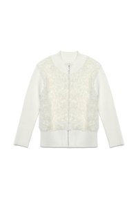 Maglione bianco con zip, con un morbido trattamento in pelliccia sintetica nella parte anteriore e maniche e orlo in maglia a coste. Texture liscia, colletto rotondo e zip nascosta.