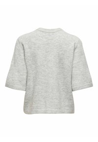 Pull en tricot gris clair à manches courtes, col rond, présenté de dos sur un fond blanc.
