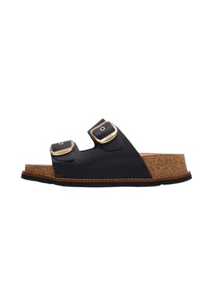 Sandalia negra de dos tiras con hebillas doradas, plantilla de corcho y suela negra, mostrada de perfil sobre fondo blanco.