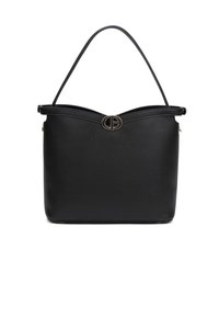Sac fourre-tout en cuir noir avec une forme structurée, un haut incurvé et un accent logo en ton doré au centre. Il dispose d'une seule bandoulière.