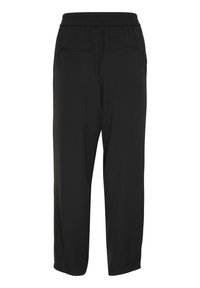 Pantalons noirs à coupe décontractée, avec une taille élastique, deux poches arrière et une texture de tissu lisse et légère.